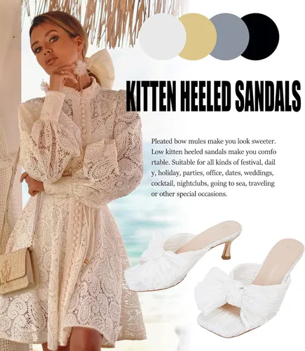 Vista 6 de Coutgo Sandalias de tacón con lazo para mujer, tacones plisados con lazo, puntera cuadrada abierta, lindos tacones de gatito, zapatos de vestir