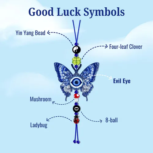 Vista 5 de Adorno colgante de auto de mal de ojo, dije de buenos días de la suerte, 8 bolas, hongo, trébol de cuatro hojas, mariquita, símbolo Yin Yang