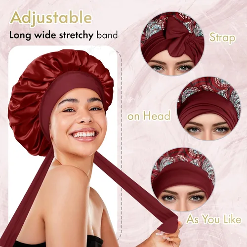 Vista 4 de BONNET QUEEN - Gorro de satén de seda para dormir de doble capa reversible para mujeres, gorro de cabello para dormir por la noche para cabello