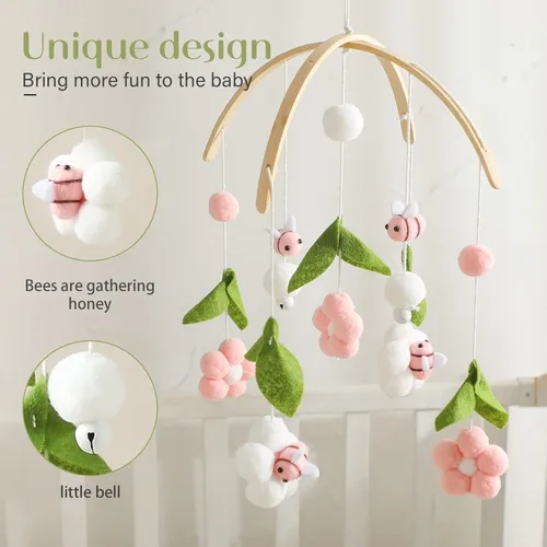 Vista 2 de OESSUF Móvil de bebé para cuna, móvil de guardería para cuna para niños y niñas, decoración de guardería con flor de abeja boho, juguete calmante