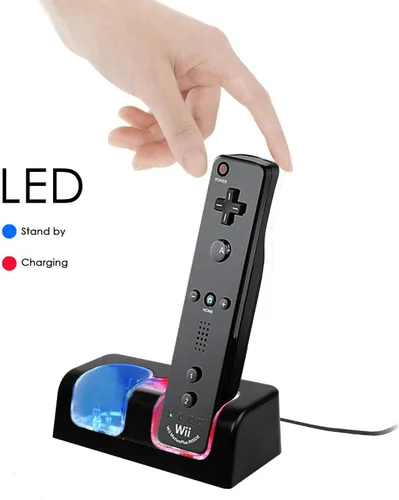 Vista 4 de Estación de carga Wii, base de carga dual con dos baterías recargables de 2800 mAh para control remoto Wii (negro)