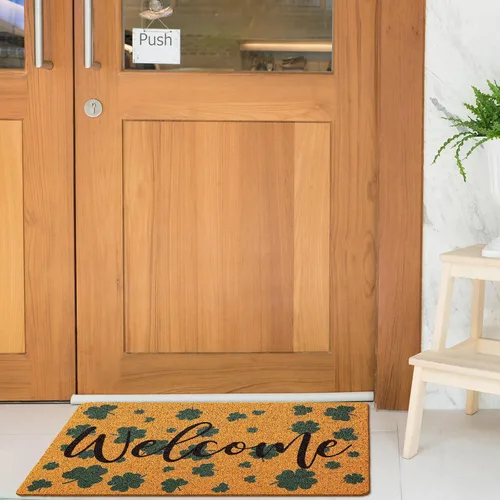 Vista 5 de Tinideya Tapete de bienvenida del día de San Patricio, tapete de fibra de coco con trébol irlandés, decorativo, lavable, antideslizante