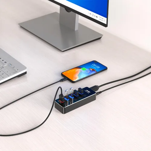 Vista 7 de Concentrador USB con alimentación, atolla Concentrador USB de aluminio de 5 puertos USB 3.0 con 4 puertos de datos USB 3.0 y 1 puerto de carga