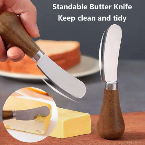 Vista 2 de Paquete de 2 cuchillos esparcidores de mantequilla de pie, cuchillos esparcidores de queso de acero inoxidable con mango de madera, cuchillos