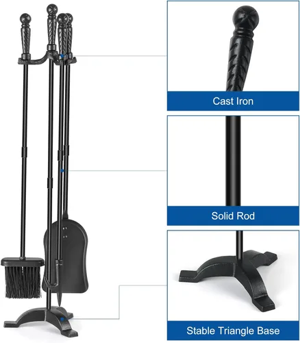 Vista 3 de Juegos de herramientas para chimenea con soporte, herramientas de fuego de hierro fundido, accesorios para chimenea, combustión de madera