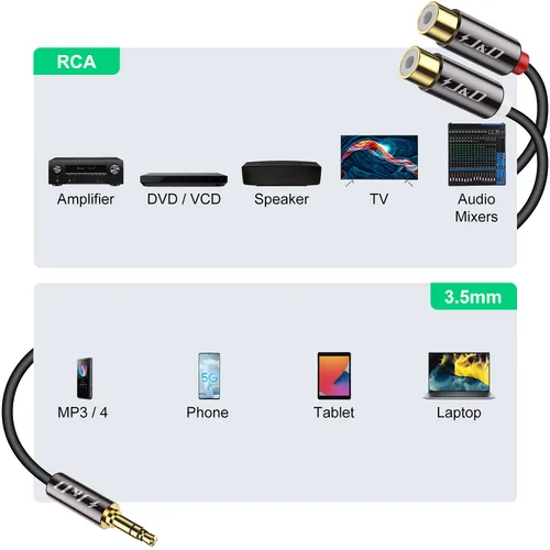 Vista 2 de J&D - Cable RCA a 3,5 mm, cable auxiliar macho de 3,5 mm a 2 RCA hembra chapado en oro, divisor estéreo en Y para smartphone, tableta, MP3