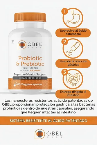 Vista 5 de obel Suplemento probiótico y prebiótico con cúrcuma 20 mil millones de UFC 60 cápsulas (suministro para 30 días) 4 cepas Apoya la digestión