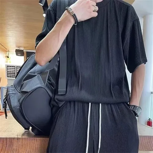Vista 3 de Traje casual para hombre de seda de hielo Conjunto de seda de hielo suelto elástico para verano, pantalones deportivos (azul marino, 4XL)
