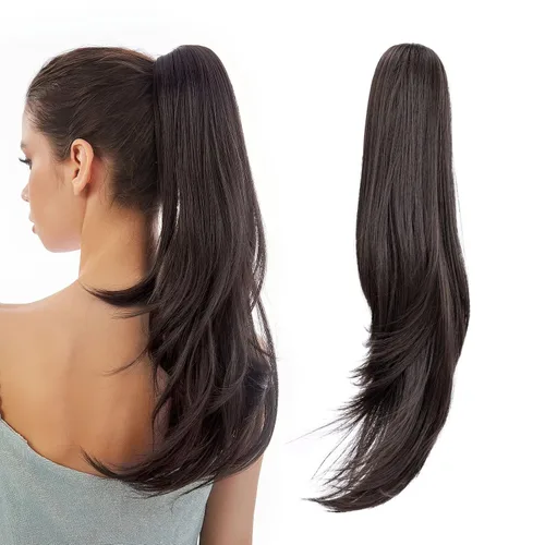 Vista 17 de Extensión de Cola de Caballo, Extensión de Cabello con Garra Larga de 20", Piezas de Cabello Sintético Ondulado Liso con Clip en Peluca de Cola