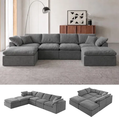 Vista 18 de Sofá modular de nube sin hueso de 110 pulgadas para sala de estar, sofá modular en forma de L de gran tamaño con otomana, sofá seccional de felpilla