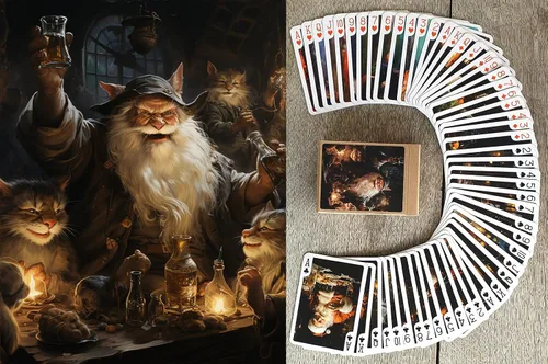 Vista 7 de Naipe de cuento de hadas de Navidad (baraja de póquer 54 cartas todas diferentes) Arte ingenuo Adorable Navidad Niñas Hadas Perros y Gatos Paisajes