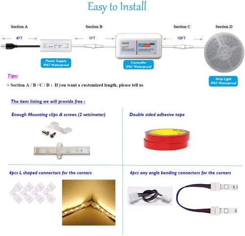 Vista 2 de Tira de luz LED de 10 pies, 20 pies, 30 pies, 50 pies, 100 pies, 12 V, 60 LEDs/M RGB SMD 5050, flexible, impermeable, IP65 para exteriores (10)