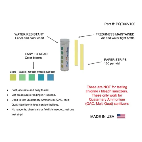 Vista 2 de Papel de prueba de amonio cuaternario (QAC, Multi Quat), 0-1000 ppm [Vial de 100 tiras de papel] QAC, Multi Quat, Made in USA, Foodservice & Sink