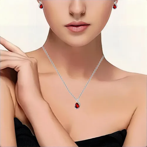 Vista 9 de la luen Collares de piedra natal de lágrima para mujeres y niñas, juego de aretes colgantes de diamantes de imitación ovalados con diamantes