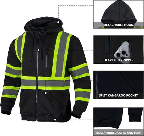 Vista 4 de VENDACE Sudadera con capucha de forro polar reflectante de alta visibilidad ANSI Clase 1 para hombres con capucha desmontable (negro, S)