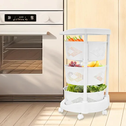 Vista 9 de Estante de almacenamiento giratorio de cocina, cesta giratoria redonda de 3 niveles de verduras y frutas, carrito utilitario rodante de plástico