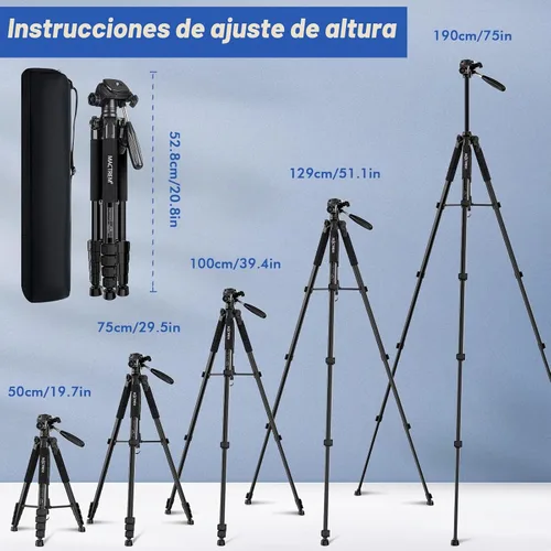 Vista 2 de MACTREM Trípode de cámara de 75 pulgadas para Sony Canon Nikon, soporte de trípode de aluminio ligero de viaje con soporte para teléfono celular