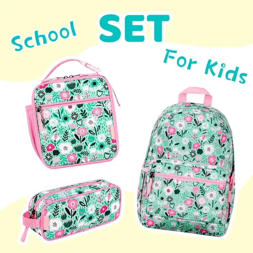 Vista 5 de Choco Mocha Mochila escolar de viaje para niñas de 17 pulgadas, Floral - Verde, Mochilas Daypack