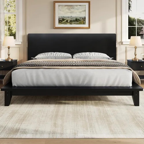 Vista 3 de JIVOIT Base de cama de plataforma de tamaño matrimonial con cabecero, cama de plataforma de madera estilo retro con patas de madera maciza Negro
