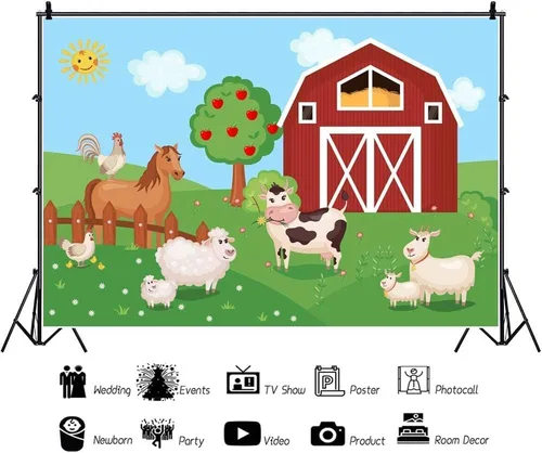 Vista 3 de Renaiss Fondo de animales de granja de 5 x 3 pies, diseño de dibujos animados, puerta de granero roja, granjero, granja, granja, fotografía, fondo