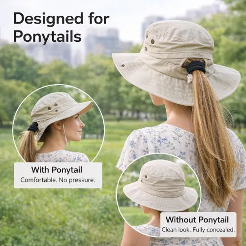 Vista 2 de TOP-EX ChicPony - Sombrero de cola de caballo para mujer, impermeable, UPF beige (0702_beige)