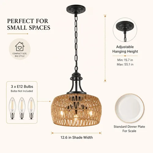 Vista 3 de Lámpara de araña bohemia de granja de 12.6 pulgadas para comedor, lámpara de ratán de 3 luces con pantalla tejida, iluminación colgante costera