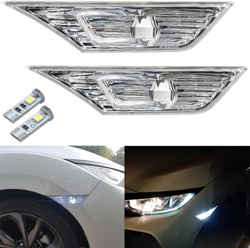 Vista 8 de Luces LED de posición laterales de 10ª generación para Honda Civic Sedan Coupe Hatchback Switchback de 2016-2021 Ámbar/Blanco Señal de giro