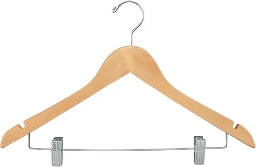 Vista 7 de Econoco Perchas planas de madera con gancho cromado, acabado natural duradero de lujo, perchas para blusas y vestidos, sin barra, paquete de 100