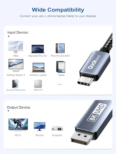 Vista 7 de dockteck Cable USB C a DisplayPort de 6 pies/6.6 ft, 8K tipo C a DP 1.4, Thunderbolt 3 a cable Displayport de 32.4 Gbps UHD 8K @30Hz/4K a 144Hz/2K a