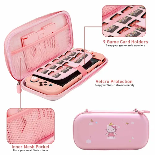 Vista 2 de Paquete de accesorios para Nintendo Switch OLED - Kit de accesorios Kawaii NS Oled rosa con funda de transporte de dibujos animados, funda
