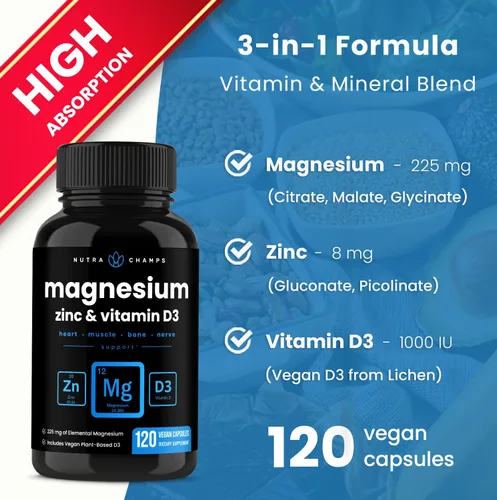 Vista 4 de NutraChamps Paquete de 2 cápsulas de magnesio y zinc y vitamina D3 y enzimas digestivas