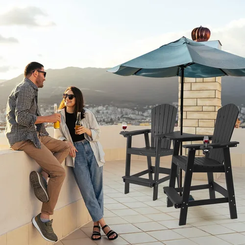 Vista 2 de FUNBERRY Juego de 2 sillas altas Adirondack con mesa de conexión extraíble, silla de balcón alta para todo tipo de clima con portavasos 2