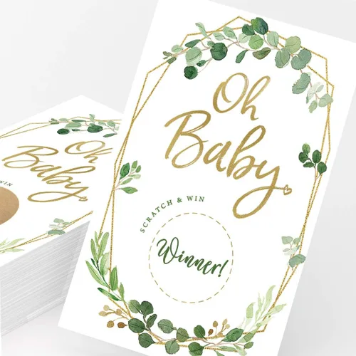 Vista 5 de Juego de rascar para baby shower, verde y dorado, 30 tarjetas y calcomanías