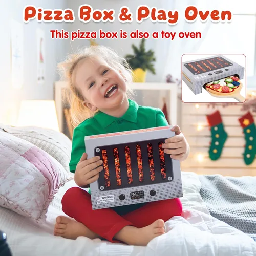 Vista 6 de WOODMAM Montessori - Juego de juguetes de pizza, comida realista con caja de horno, juguetes educativos de aprendizaje para niños en edad preescolar