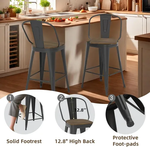 Vista 3 de Juego de 4 taburetes de bar giratorios de 24 pulgadas, taburetes de bar industriales con patas de metal resistentes, taburetes de bar con respaldo