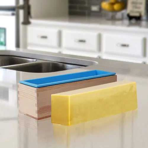 Vista 6 de KEILEOHO Paquete de 2 moldes de silicona para jabón, molde de pan de jabón de 42 onzas con caja y cubierta de madera, moldes de jabón rectangulares