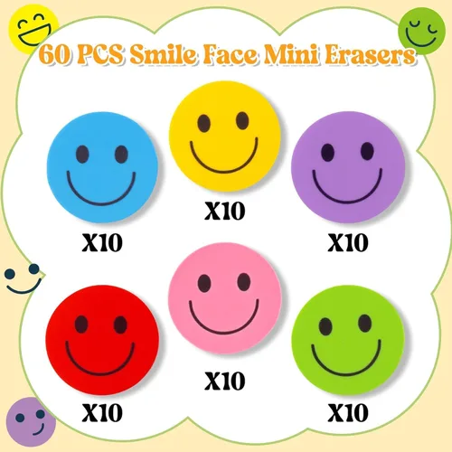 Vista 3 de Haooryx Colorful Happy Face Erasers, 60Pcs Mini Pencil Rubber Erasers Bulk