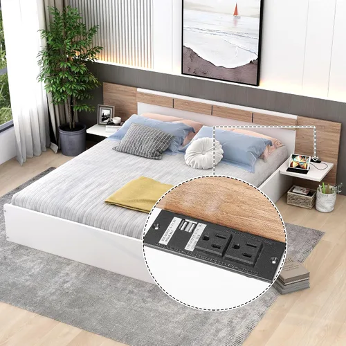 Vista 23 de Cama de plataforma de tamaño matrimonial con cajones y estantes de almacenamiento, base de cama de madera maciza, base de colchón con cabecera