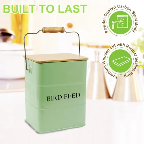Vista 3 de Contenedor de almacenamiento de semillas de pájaro de metal, recipiente para pájaros al aire libre, contenedor de comida para mascotas con tapa