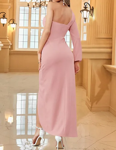 Vista 3 de ZESICA Vestido de cóctel de manga larga con un hombro descubierto para mujer, sexy, con abertura alta, fruncido, entallado, para fiesta de boda