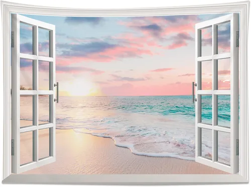 Vista 17 de HVEST Tapiz de playa para colgar en la pared, paisaje tropical azul océano, tapiz natural para dormitorio, palmera verde con cielo azul, nube