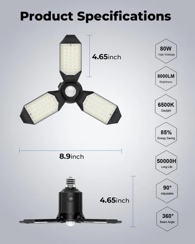 Vista 6 de toberich Luz de garaje con sensor de movimiento, luz de taller con sensor de movimiento de 8000 lm con 3 modos de interruptor, bombilla activada por