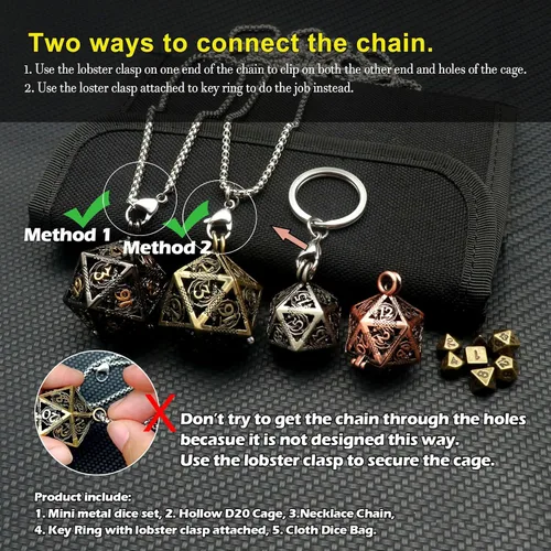 Vista 8 de Haxtec Juego Mini de Dados de Metal DND con Estuche de Collar Hueco Juego de Dados de Metal Pequeños Antiguos Juego de Llaveros D&D Portátil Juego