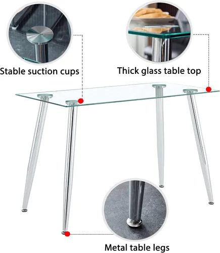 Vista 6 de Mesa de comedor rectangular moderna y minimalista de cristal para 4 y 6 personas con mesa de vidrio templado de 0.31 pulgadas y patas de metal