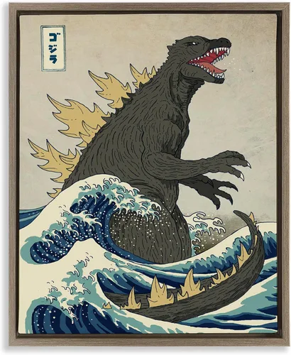 Vista 12 de Stupell Industries Godzilla in the Waves Eastern Poster Style Ilustración, diseño de Michael Buxton, marco blanco, 11 x 14 pulgadas Stupell
