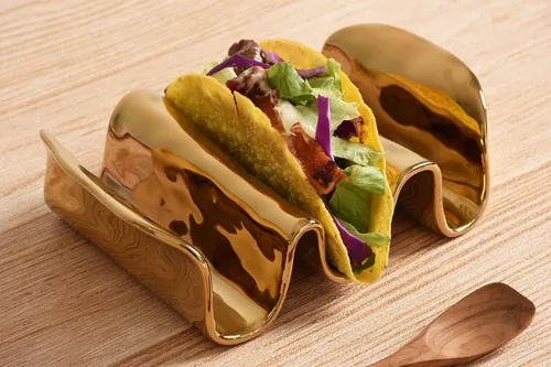 Vista 4 de Pampa Bay Soporte para tacos de porcelana chapada en titanio, 7.5 pulgadas, tono dorado, horno, congelador, apto para lavavajillas