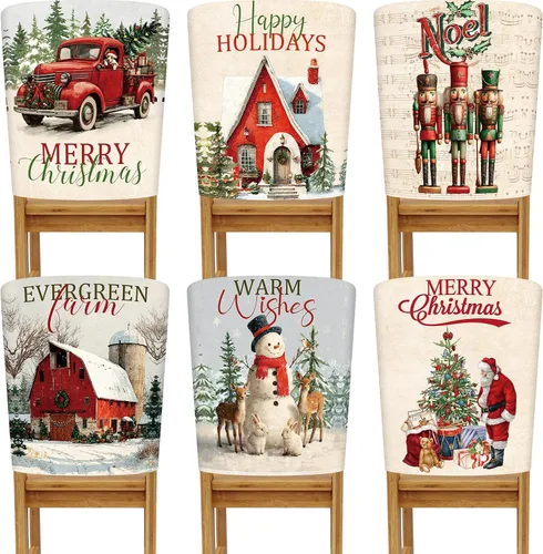 Vista 9 de Buryeah 6 fundas para respaldo de silla de Navidad, 6 estilos, extraíbles, lavables, elásticas, para comedor, fundas protectoras de sillas Parson