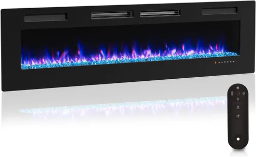 Vista 7 de Chimenea eléctrica empotrada y montada en la pared con llama de 12 colores, control remoto de pantalla táctil, juego de registro y cristal