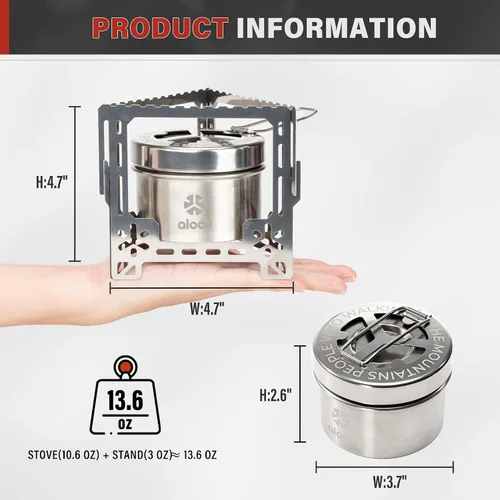 Vista 5 de Alocs Estufa de alcohol de 2250 W, estufa de camping con cubierta sellada, estufa individual de acero inoxidable con soporte plegable