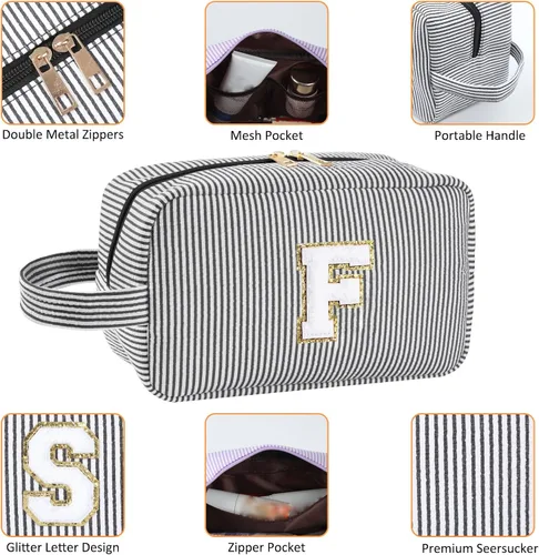 Vista 4 de Bolsa de maquillaje personalizada con inicial A-Z para mujeres, niñas y niños, bolsa de aseo de viaje, bolsa de maquillaje preparada, bolsa
